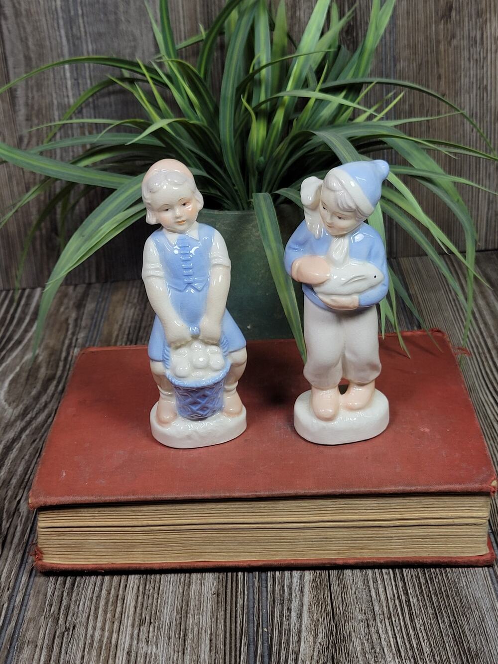 Vintage Japan Porcelain Boy Girl Bunny Basket Figurines Blue White Set